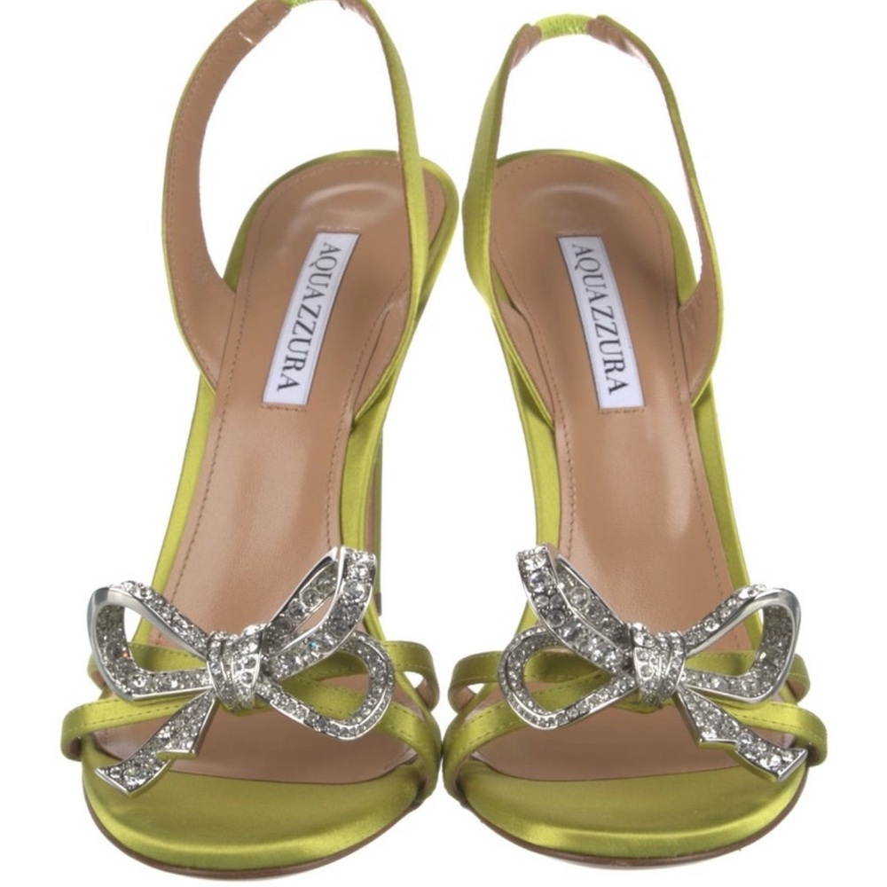 Aquazzura Lime Satin Sandals with Glittering Silver Bow